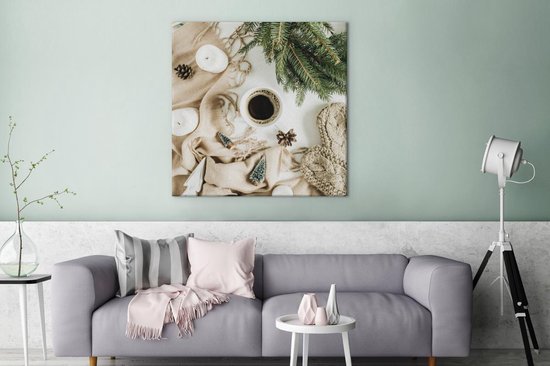 Toile Peinture Hiver - Café - Branche de Sapin - 90x90 cm - Décoration murale