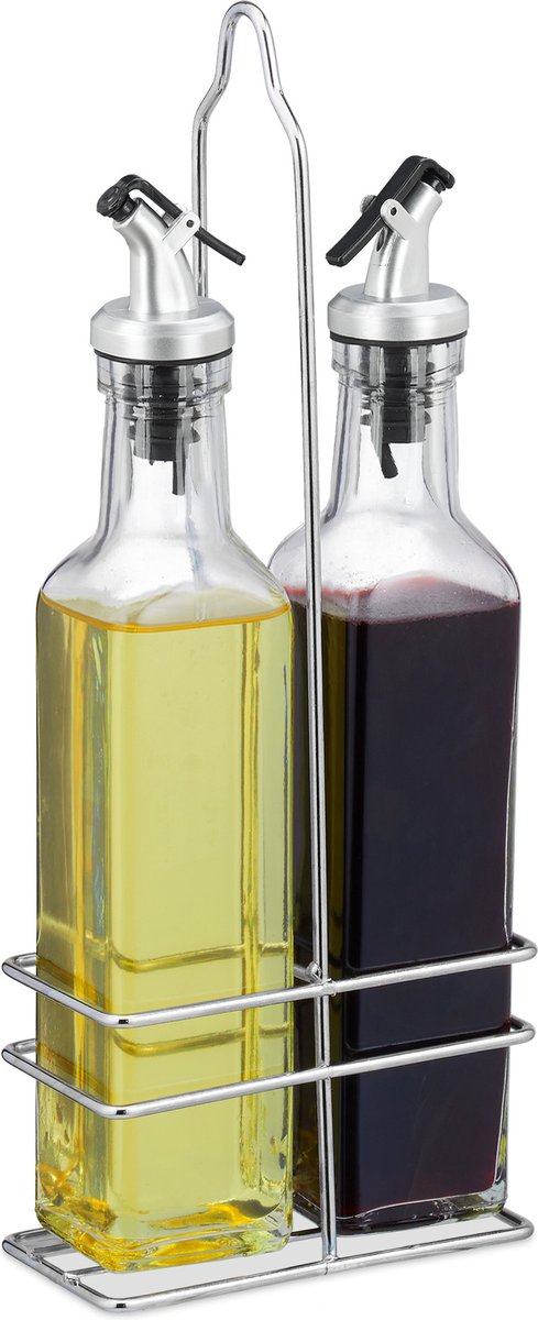 olie- en azijn stel - met houder - oliefles - azijnfles - 300 ml - glas