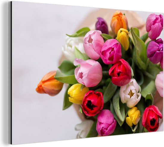 Wanddecoratie Metaal - Aluminium Schilderij Industrieel - Bos met tulpen in een vaas - 90x60 cm - Dibond - Foto op aluminium - Industriële muurdecoratie - Voor de woonkamer/slaapkamer