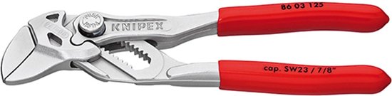 Zilveren tang met rode handvatten, merk Knipex. Model 86 03 125.