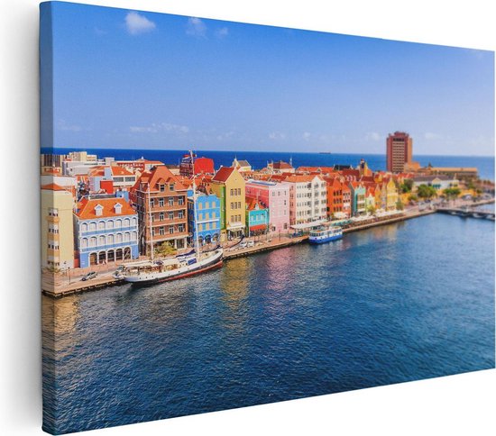 Artaza Canvas Schilderij Willemstad Centrum in Curaçao - 120x80 - Groot - Foto Op Canvas - Wanddecoratie Woonkamer