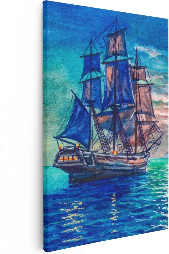 Artaza Canvas Schilderij Oude Piratenschip Zeilboot Getekend - 40x60 - Poster Foto op Canvas - Canvas Print