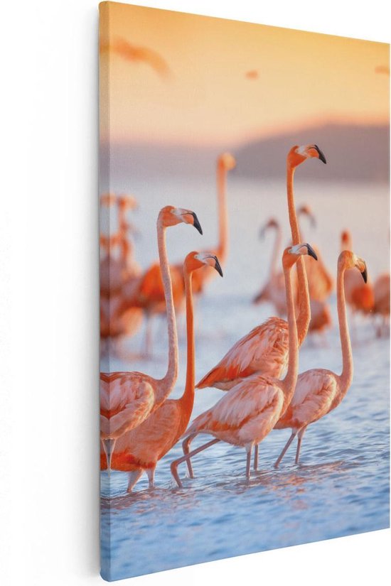 Artaza Canvas Schilderij Kudde Flamingo's in het Water - 20x30 - Klein - Foto Op Canvas - Canvas Print