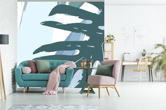Behang - Fotobehang Zomer - Monstera - Lichtblauw - Breedte 350 cm x hoogte 350 cm