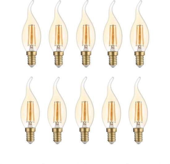 Bundel | 10 stuks | LED Filament kaarslamp met tip 4W Amber | Dimbaar | E14 | 2700K