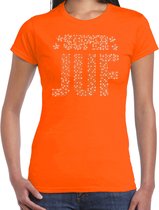 Glitter Super Juf t-shirt oranje met steentjes/ rhinestones voor dames - Lerares cadeau shirts - Glitter kleding/foute party outfit S