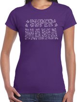 Glitter Super Mama t-shirt paars met steentjes/ rhinestones voor dames - Moederdag cadeaus - Glitter kleding/ foute party outfit XS