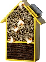 Geel vlinderhuis/bijenhuis/wespenhotel met solar lampjes voor insecten 31 cm - Tuindecoratie - Diervriendelijk - Hotel/huisje voor insecten - Bijenhuis/vlinderhuis/lieveheersbeestjehuis