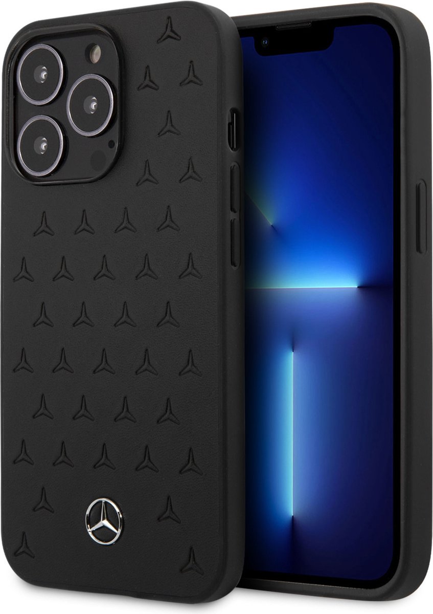 Mercedes-Benz iPhone 13 Pro Hardcase Backcover - Real Leather - Stars Pattern - Zwart