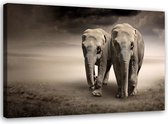 Trend24 - Canvas Schilderij - Olifanten In De Woestijn - Schilderijen - Dieren - 100x70x2 cm - Bruin