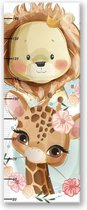 Trend24 - Groeimeter kinderkamer - Canvas Schilderij - Leeuw En Giraffe - Meetlat kind - Babykamer accessoires - Kinderkamer accessoires - 60x150x2 cm - Meerkleurig