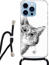 iPhone 13 Pro hoesje met koord - Kiekeboe kat | Apple iPhone 13 Pro crossbody case | Zwart, Transparant | Marmer