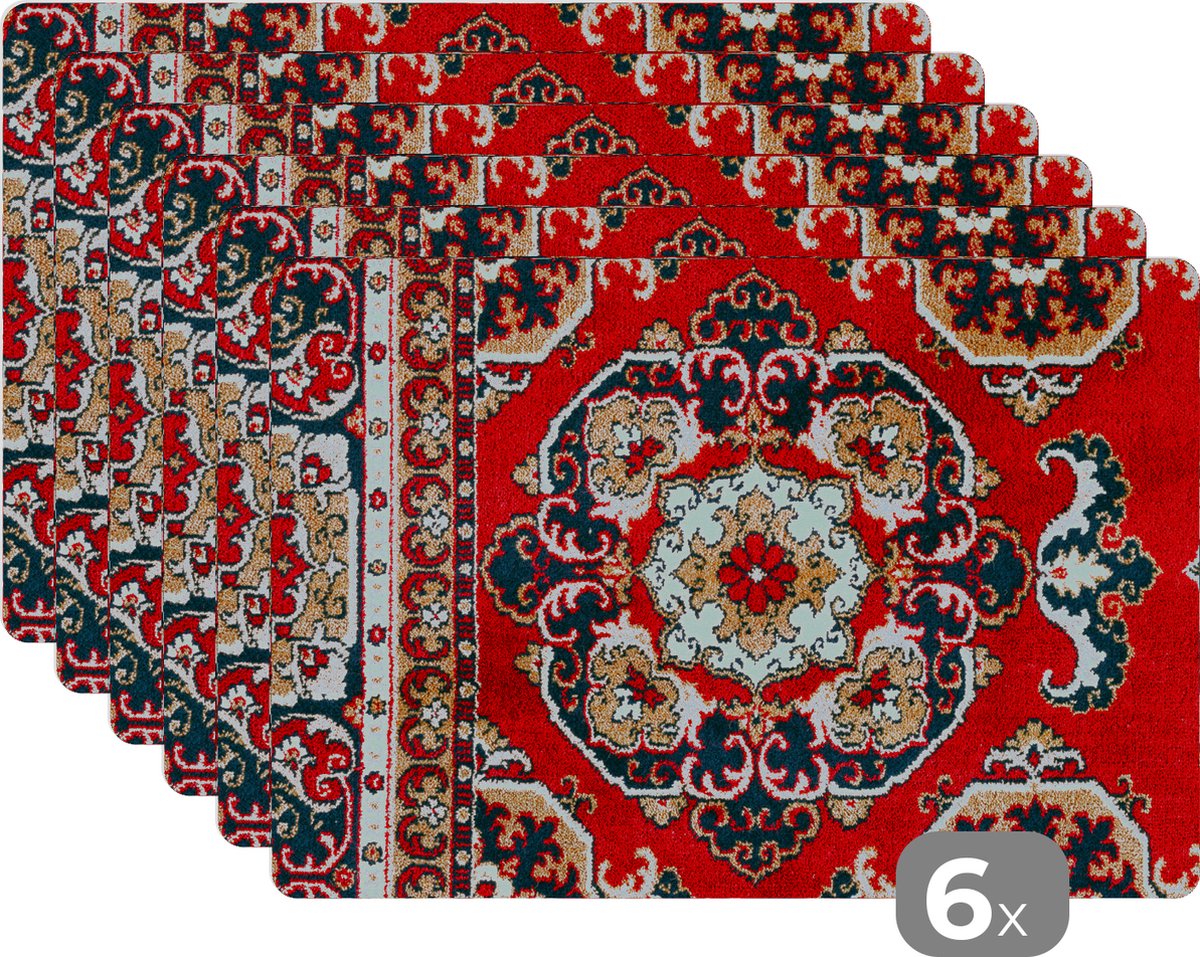 Placemat - Placemats kunststof - Perzisch Tapijt - Vloerkleed - Rood - 45x30 cm - 6 stuks - Hittebestendig - Anti-Slip - Onderlegger - Afneembaar