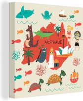 Canvas Wereldkaart - 20x20 - Wanddecoratie Wereldkaart Kinderen - Australië - Rood