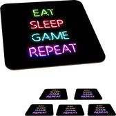Onderzetters voor glazen - Gaming - Led - Quote - Eat sleep game repeat - Gamen - 10x10 cm - Glasonderzetters - 6 stuks