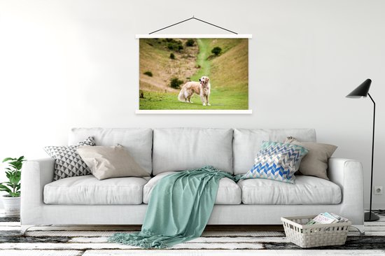 Schoolplaat - Prachtige afbeelding van een Golden Retriever - 150x100 cm - Textielposter Witte latten - Textiel poster