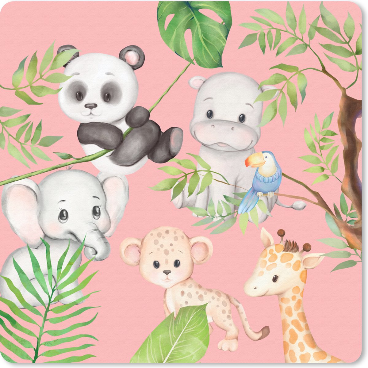 Muismat 20x20 cm - Mousepad Jungle - Roze - Dieren - Muismatten