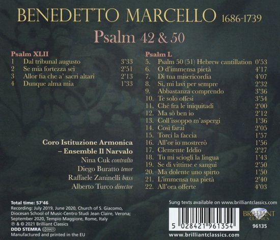 Coro Istituzione Armonica, Ensemble Il Narvalo, Nina Cuk, Diego Buratto, Raffaele Zaninelli, Alberto Turco - Marcello: Psalm 42 & 50 (CD)