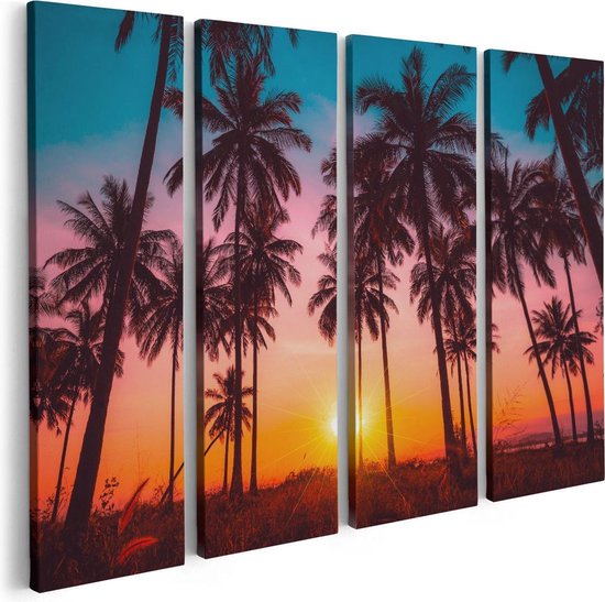 Artaza Canvas Schilderij Vierluik Palmbomen op het Strand bij Zonsondergang - 80x60 - Foto Op Canvas - Canvas Print