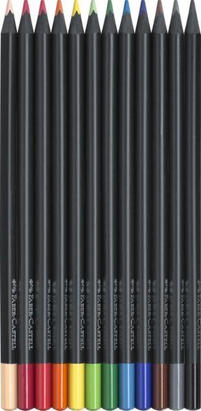 Twaalf Faber-Castell zwarte kleurpotloden met gekleurde punten en uiteinden: lichtbruin, rood, oranje, geel, lichtgroen, groen, lichtblauw, blauw, bruin, grijs.