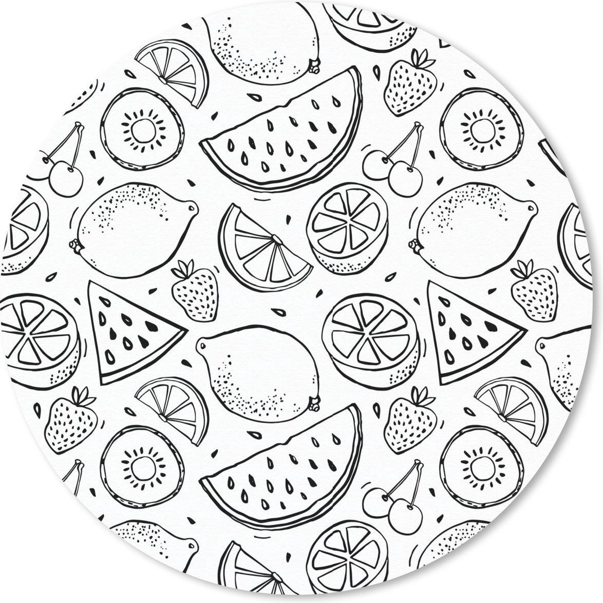 Muismat rond 20x20 cm - Mousepad Citroen - Kersen - Zwart - Wit - Ronde muismatten