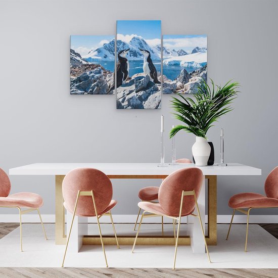 Artaza Toile Peinture Triptyque Deux Pingouins sur des Pierres en Antarctique - 90x60 - Photo sur Toile - Impression sur Toile