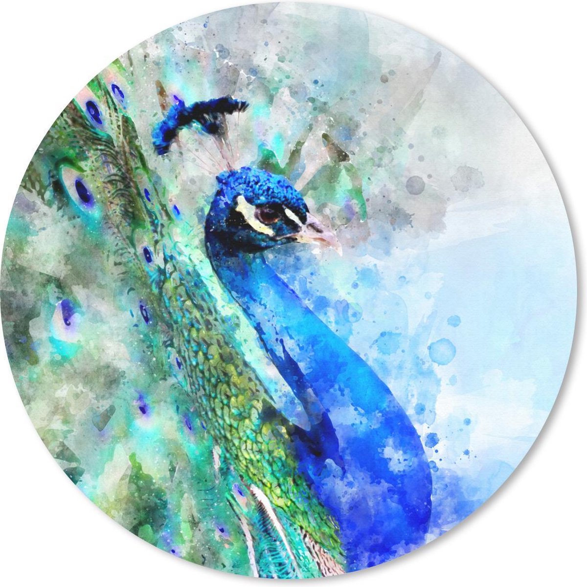 Muismat rond 20x20 cm - Mousepad Waterverf - Pauw - Blauw - Ronde muismatten