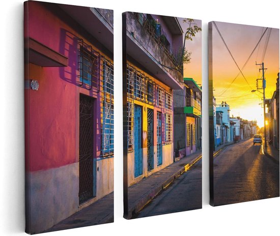 Artaza Canvas Schilderij Drieluik Cuba Kleurrijke Huisjes bij Zonsondergang - 120x80 - Foto Op Canvas - Canvas Print