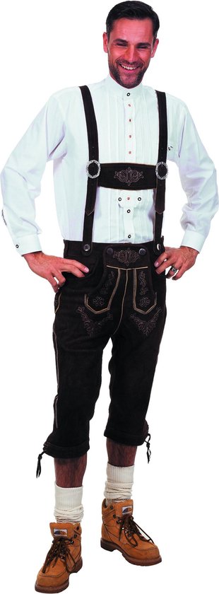 Donkerbruine halflange echte lederhosen | Oktoberfest kleding maat 52 (L)