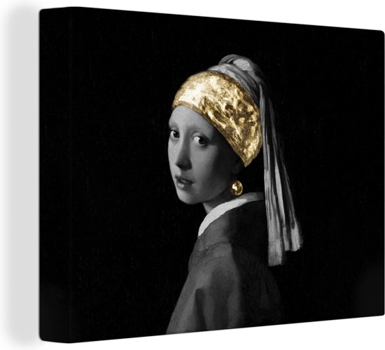 Canvas Schilderij Meisje met de parel - Vermeer - Haarband - Goud - 40x30 cm - Wanddecoratie