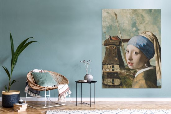 Canvas schilderij 120x160 cm - Wanddecoratie Meisje met de parel - Johannes Vermeer - Molen - Muurdecoratie woonkamer - Slaapkamer decoratie - Kamer accessoires - Schilderijen