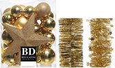 Kerstversiering kunststof kerstballen 5-6-8 cm met ster piek en folieslingers pakket goud van 35x stuks - Kerstboomversiering