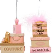 Kurt S. Adler Kerstornament - Glamour Cadeaus - set van 2 - roze - 9cm