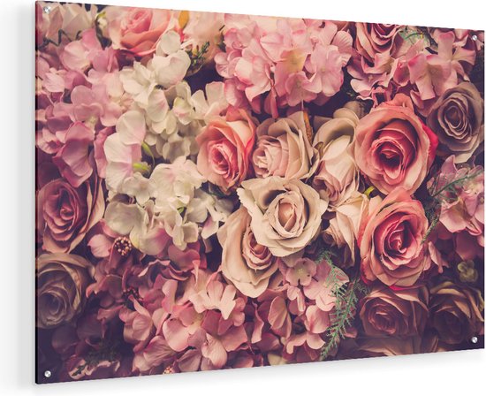 Artaza Glasschilderij - Roze Rozen Achtergrond - Retro - Bloemen - Plexiglas Schilderij - Foto op Glas