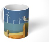 Mok - Windmolens in de zee op een kleurrijke tekening met een meeuw - 350 ML - Beker