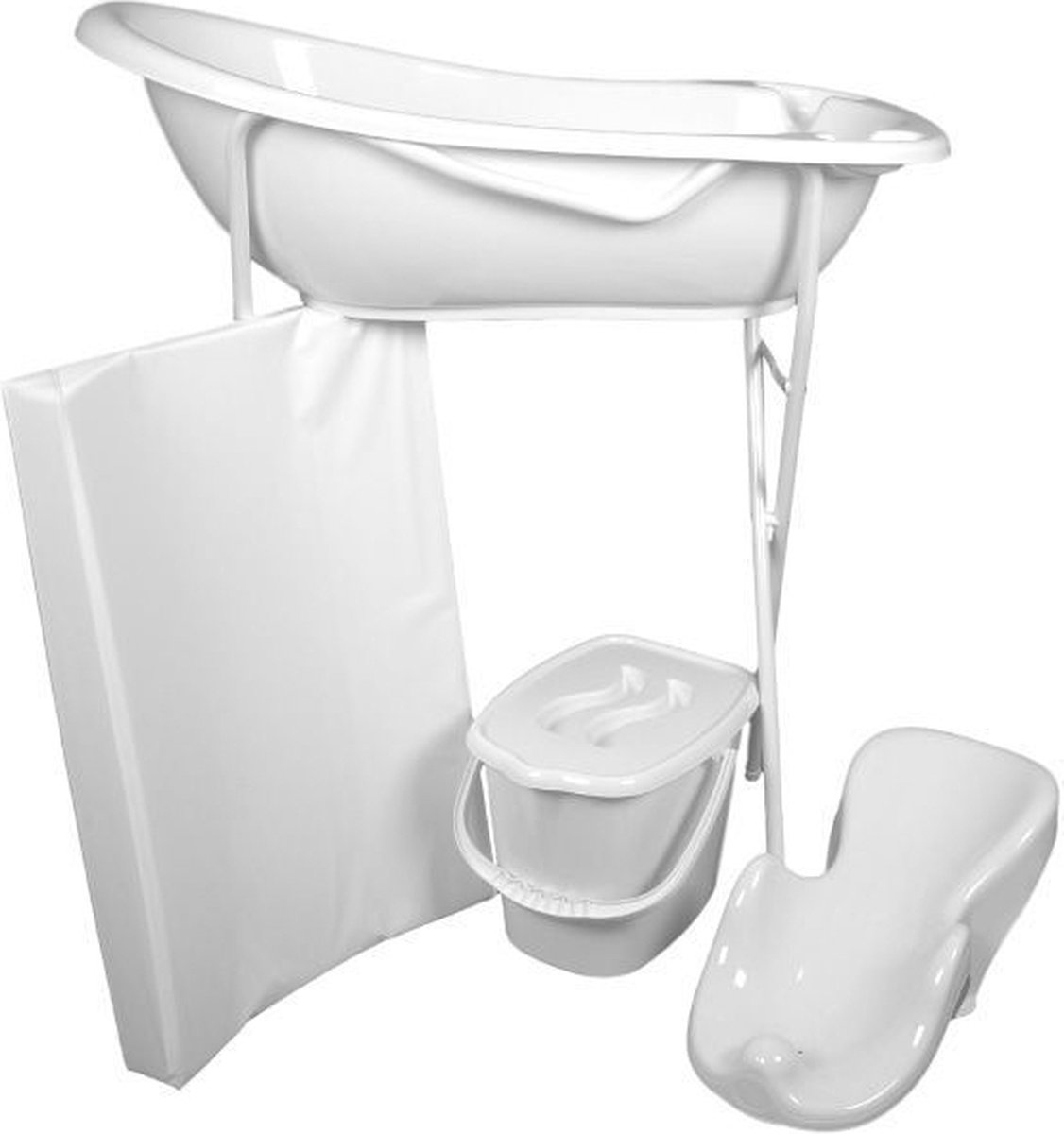 Hylat Baby Set: Babybadje met standaard & stop, babybad inzet, afvoerslang - stabiel en comfortabel - voor pasgeborenen en baby's - Kleur: Wit, Patroon: Friends