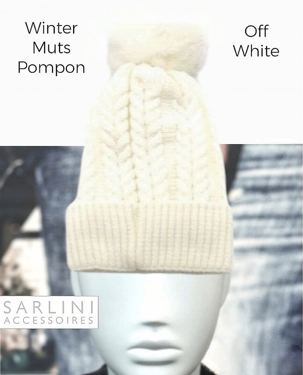 Sarlini accessoires - Winter Beanie / Muts Pompon - Off White - Polyester Grove Breiwerk - Fake Fur - vrouwen - volwassenen tieners - casual