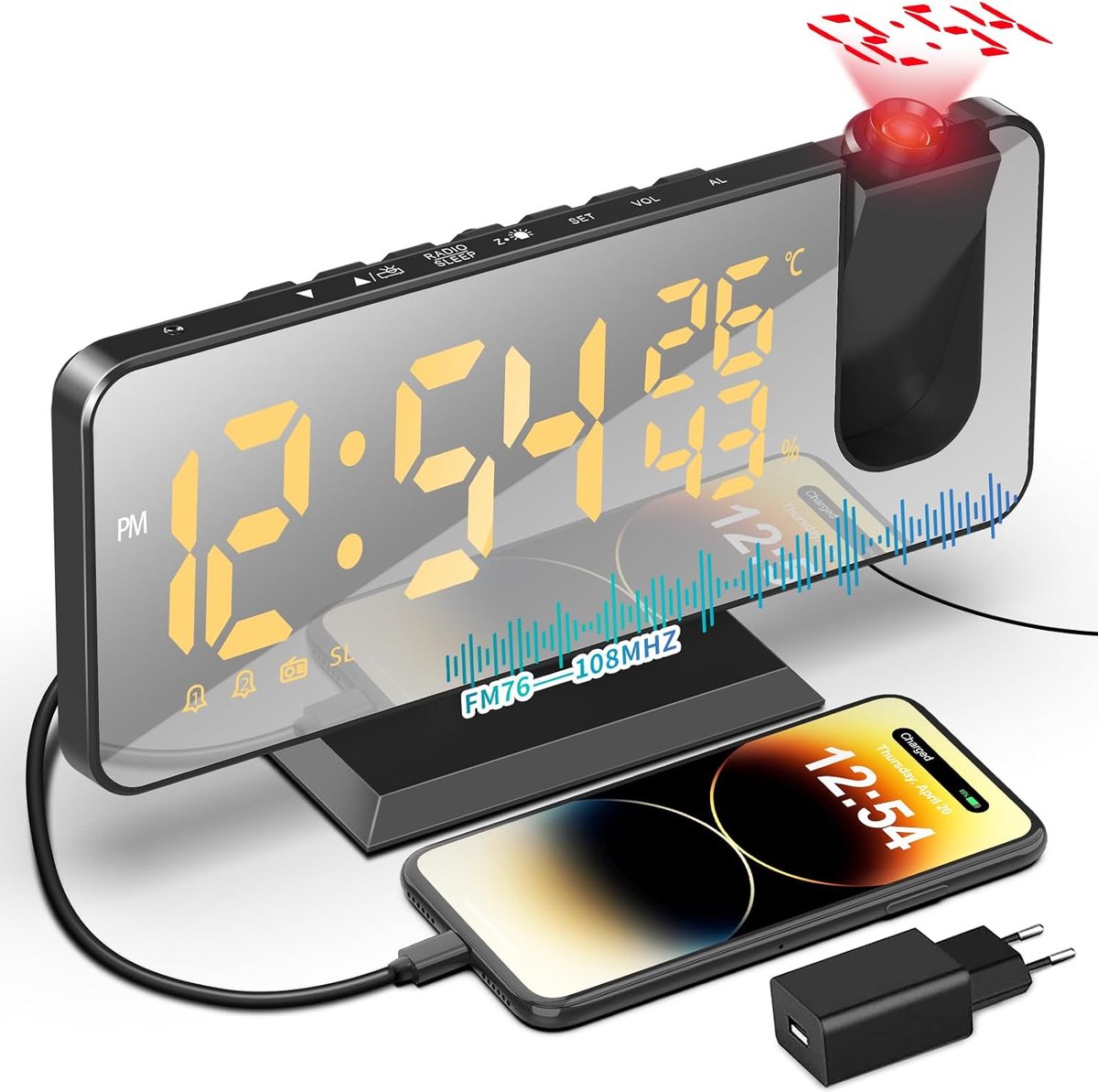 Digitale klok,wekker,Projectiewekker met 4 Helderheidsniveaus Temperatuurklok met Projectie Dual Alarm 12/24 Uur USB-Poort