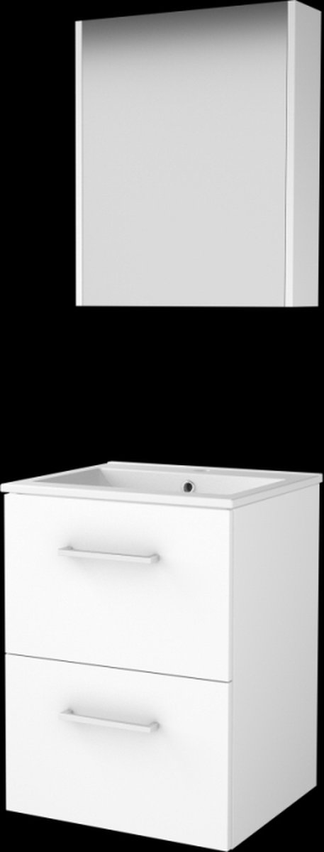 Basic Comfort 46 badmeubelset met spiegelkast, wastafelonderkast met grepen, 2 lades en porseleinen wastafel met 1 kraangat 50 x 46 cm, ice white