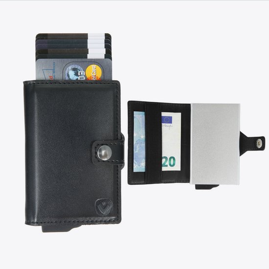 Pasjeshouder met ejector - Leer - Portemonnee - 6 tot 10 pasjes - RFID - Zwart - Zilveren kaarthouder