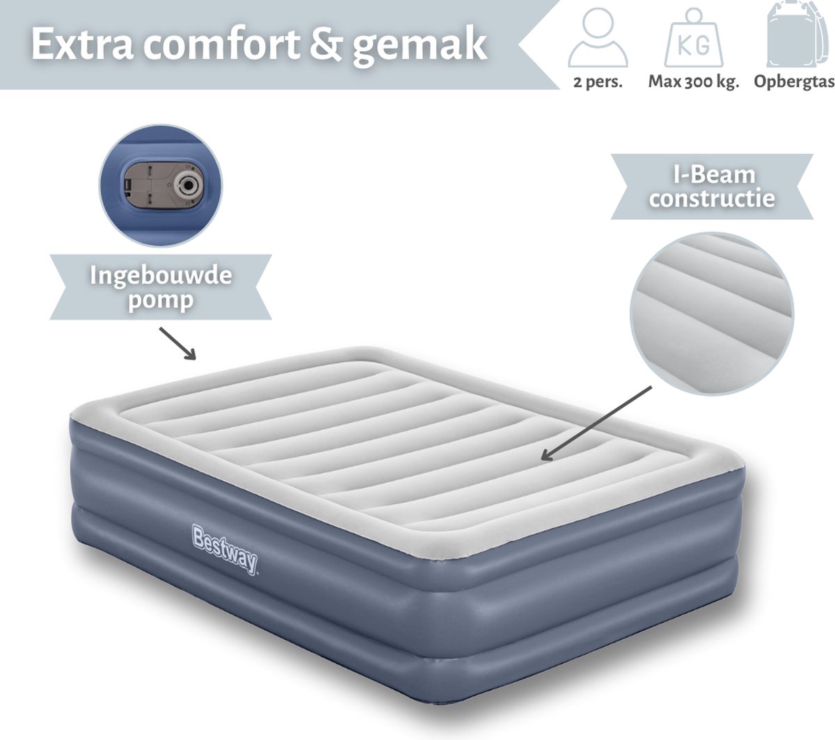 Bestway luchtbed - 2-Persoons - 152x203x51 cm (BxLxH) - Grijs - Met ingebouwde elektrische pomp - Inclusief opbergtas