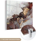MuchoWow® Glasschilderij 50x50 cm - Schilderij acrylglas - Rood - Marmer - Goud - Foto op glas - Schilderijen