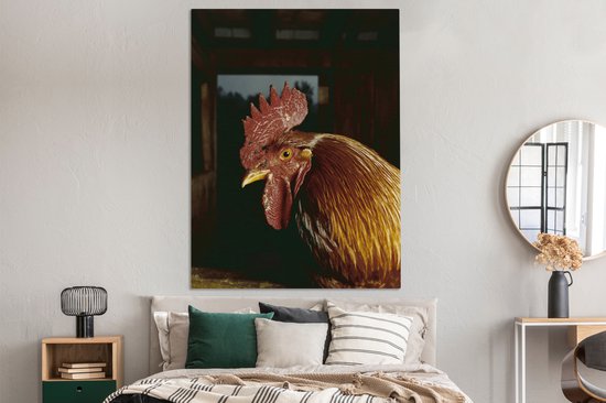 Canvas schilderij 120x160 cm - Wanddecoratie Goudbruine haan in een schuur - Muurdecoratie woonkamer - Slaapkamer decoratie - Kamer accessoires - Schilderijen