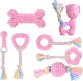 Hondenkauwspeelgoed, 7 stuks hondenpuppy's kinderziektes kauwspeelgoed set met bal en kleurrijke touwen, interactief huisdierspeelgoed voor kleine en middelgrote honden (roze)