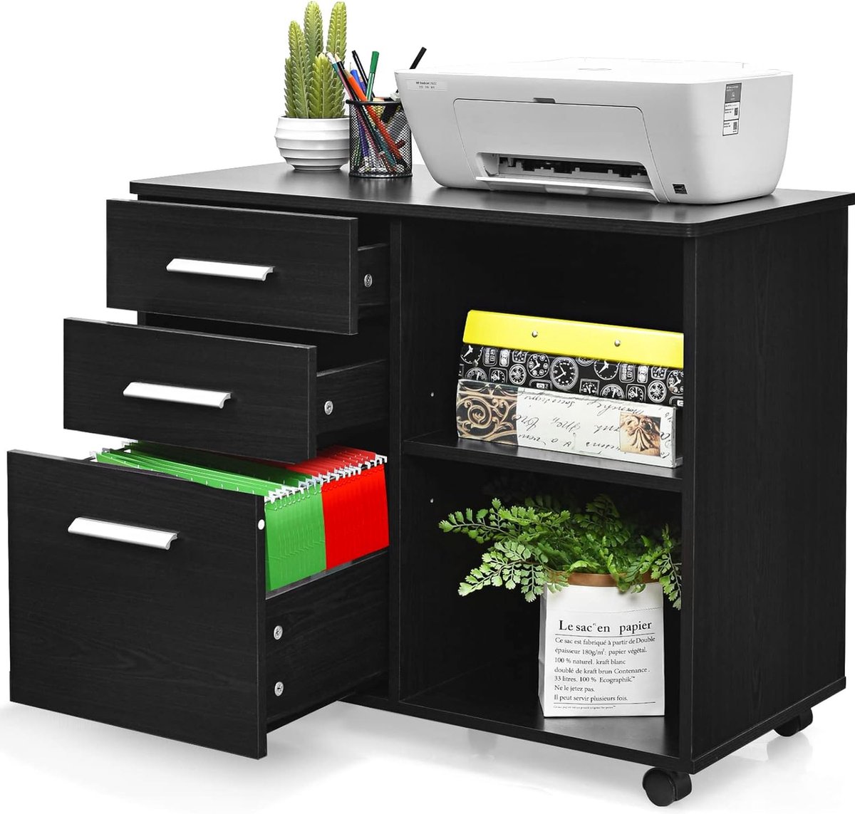 GIANTEX Rolcontainer met 5 laden, archiefkast met wieltjes, ladekast hout onder bureau, printtafel voor thuis en op kantoor (zwart, 49 x 40 x 65 cm