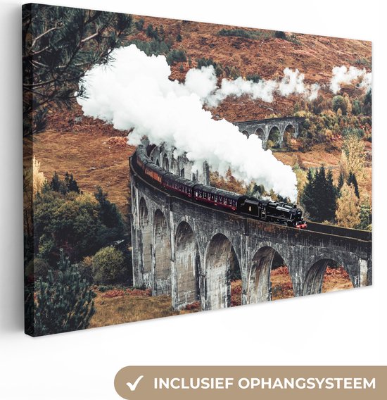Canvas schilderij 120x80 cm - Wanddecoratie Trein - Natuur - Herfst - Architectuur - Muurdecoratie woonkamer - Slaapkamer decoratie - Kamer accessoires - Schilderijen op canvas