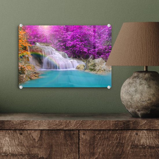 MuchoWow® Peinture sur verre 30x20 cm - Peinture sur verre acrylique - Cascade - Arbres - Arc-en-ciel - Violet - Photo sur verre - Peintures