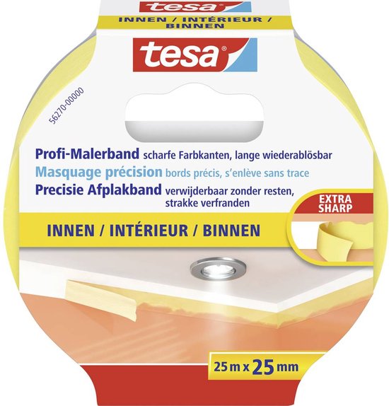 Tesa Profi-Malerband binnengebruik, 25m x 25mm, gele tape voor scherpe verflijnen.