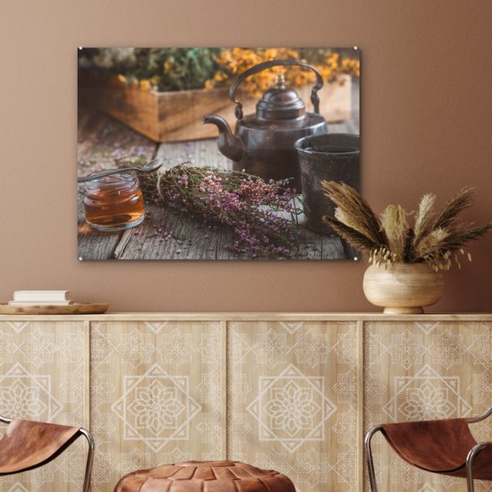 MuchoWow® Peinture sur verre 80x60 cm - Peinture sur verre acrylique - Thee - Théière - Herbes - Photo sur verre - Peintures