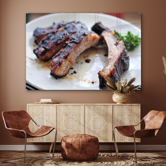 MuchoWow® Peinture sur Verre - Quatre côtes levées fraîchement cuites reposent sur une assiette blanche - 180x120 cm - Peintures sur Verre Acrylique - Photo sur Glas